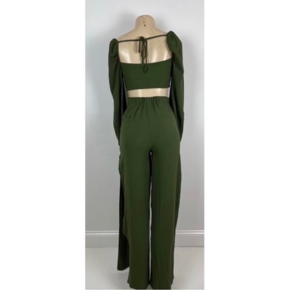 COPY - Two Piece High Slit Pants and Long Sleeve Off Shoulder Tie Front Crop T… - Picture 2 of 14